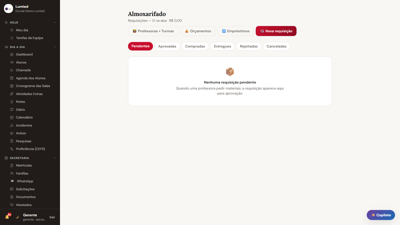 Almoxarifado com orçamento por turma no Lumied